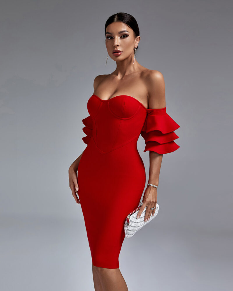 Classic Ruffled Off-Shoulder Bodycon Dress Red 2