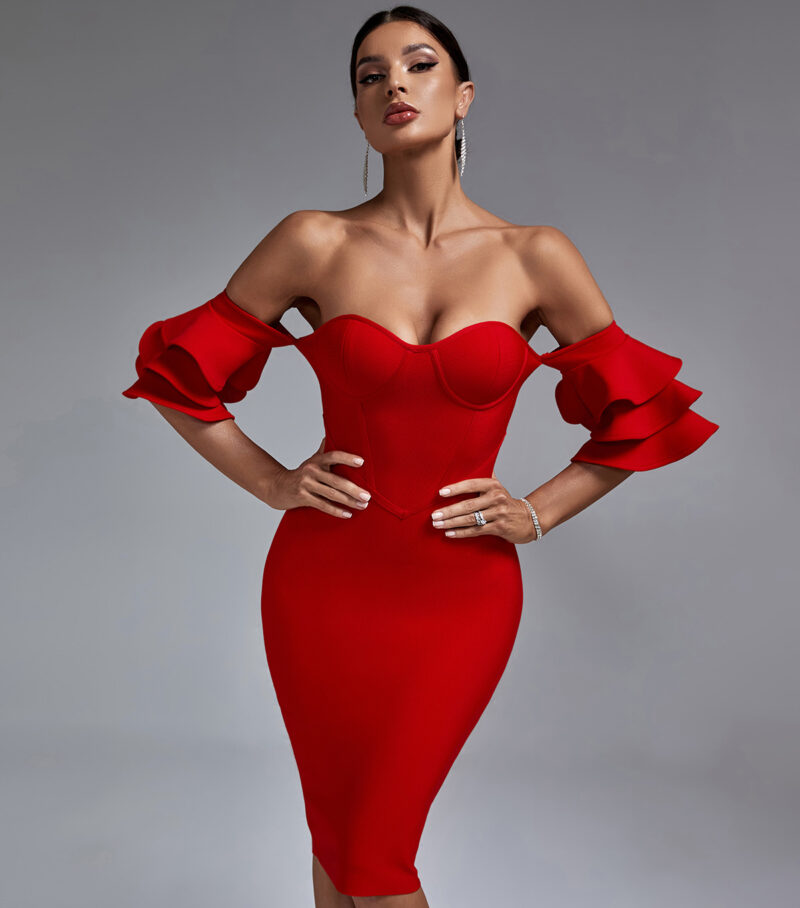 Classic Ruffled Off-Shoulder Bodycon Dress Red 3