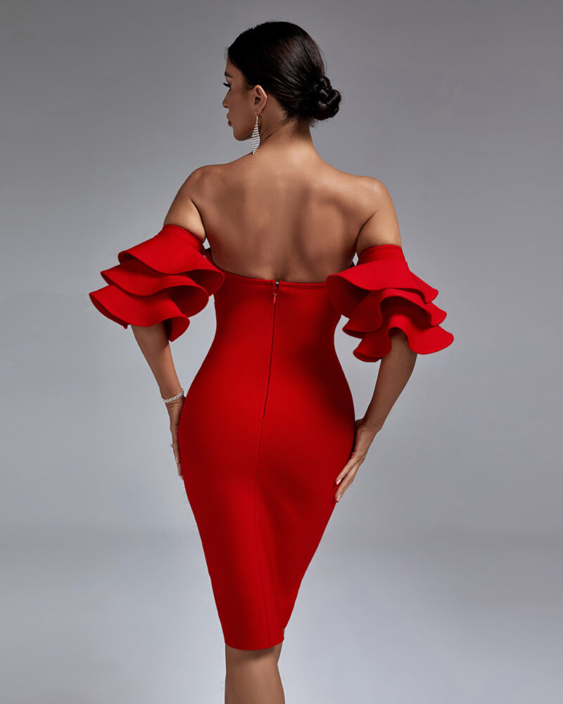 Classic Ruffled Off-Shoulder Bodycon Dress Red 4