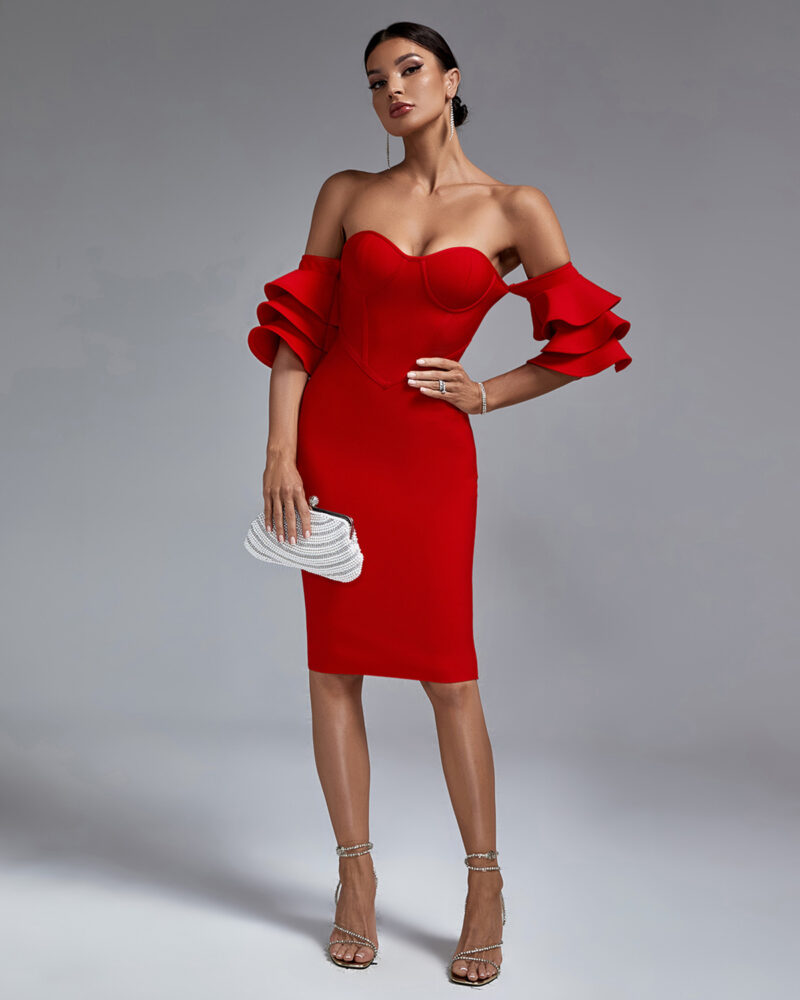 Classic Ruffled Off-Shoulder Bodycon Dress Red 5