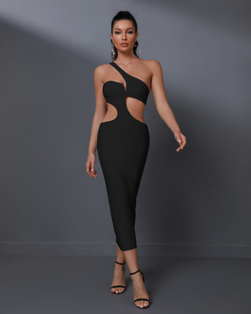 Sexy One Shoulder Cutout Waist Bodycon Bandage Black Dress