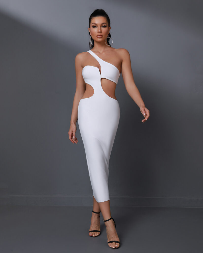 Sexy One Shoulder Cutout Waist Bodycon Bandage White Dress 2
