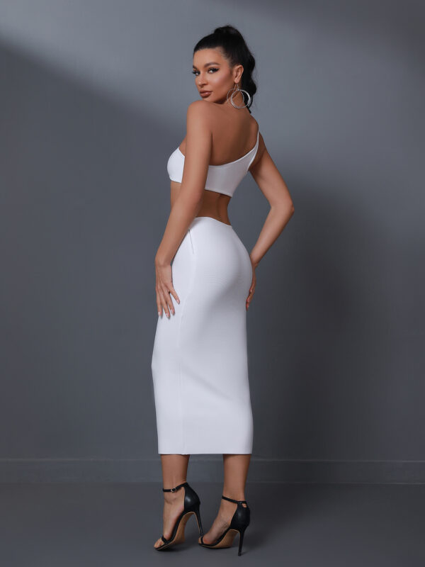 Sexy One Shoulder Cutout Waist Bodycon Bandage White Dress 3
