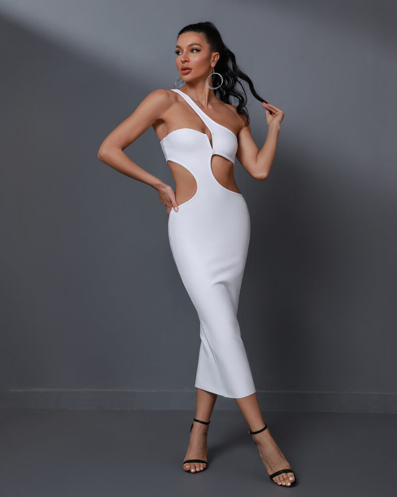 Sexy One Shoulder Cutout Waist Bodycon Bandage White Dress 4