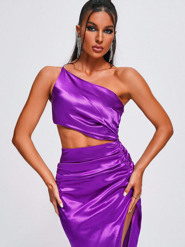 Plain One Shoulder high thigh slit maxi dress