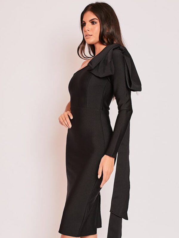 One Sleeve Elegant Bowknot Bodycon Bandage Evening Party Black Dress