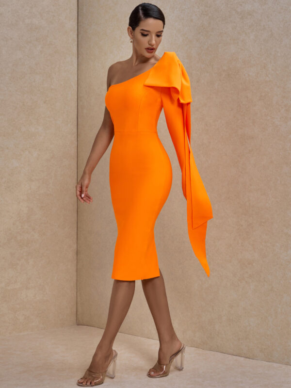 One Sleeve Elegant Bowknot Bodycon Bandage Evening Party Orange Dress 1
