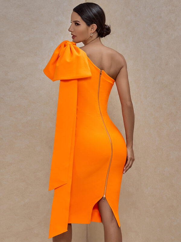 One Sleeve Elegant Bowknot Bodycon Bandage Evening Party Orange Dress 2
