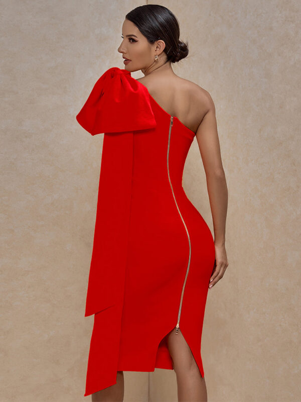 One Sleeve Elegant Bowknot Bodycon Bandage Evening Party Red Dress 1