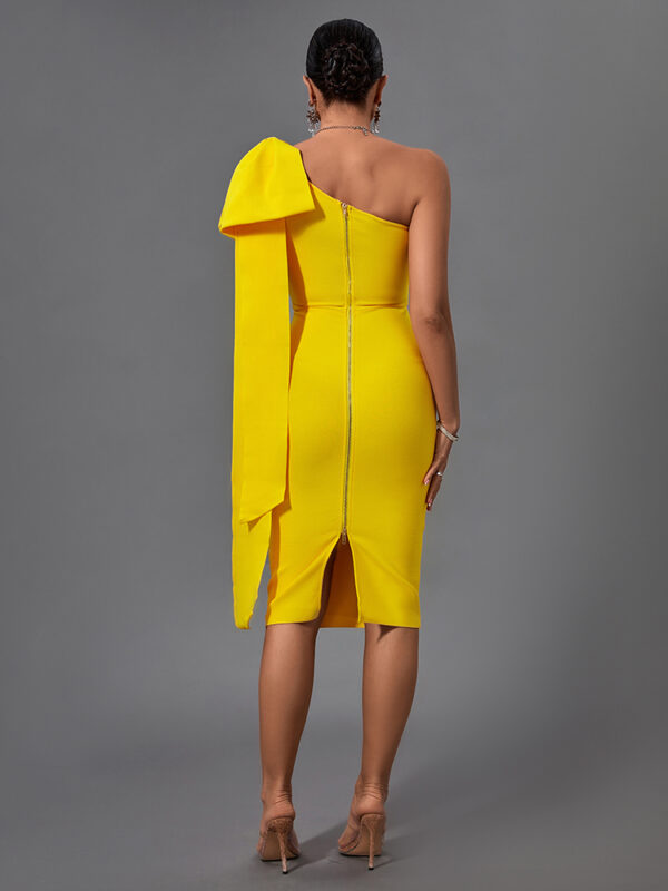 One Sleeve Elegant Bowknot Bodycon Bandage Evening Party Yellow Dress 1
