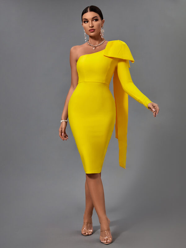 One Sleeve Elegant Bowknot Bodycon Bandage Evening Party Yellow Dress 2