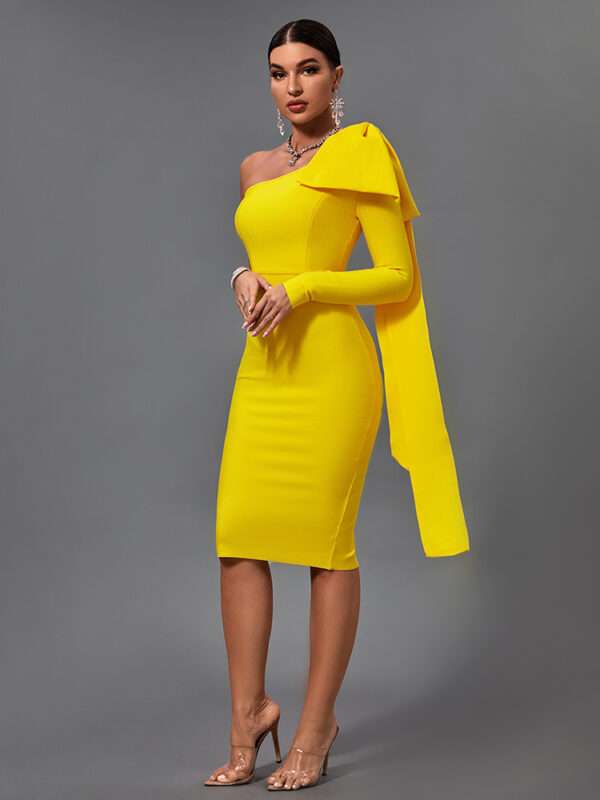 One Sleeve Elegant Bowknot Bodycon Bandage Evening Party Yellow Dress 3
