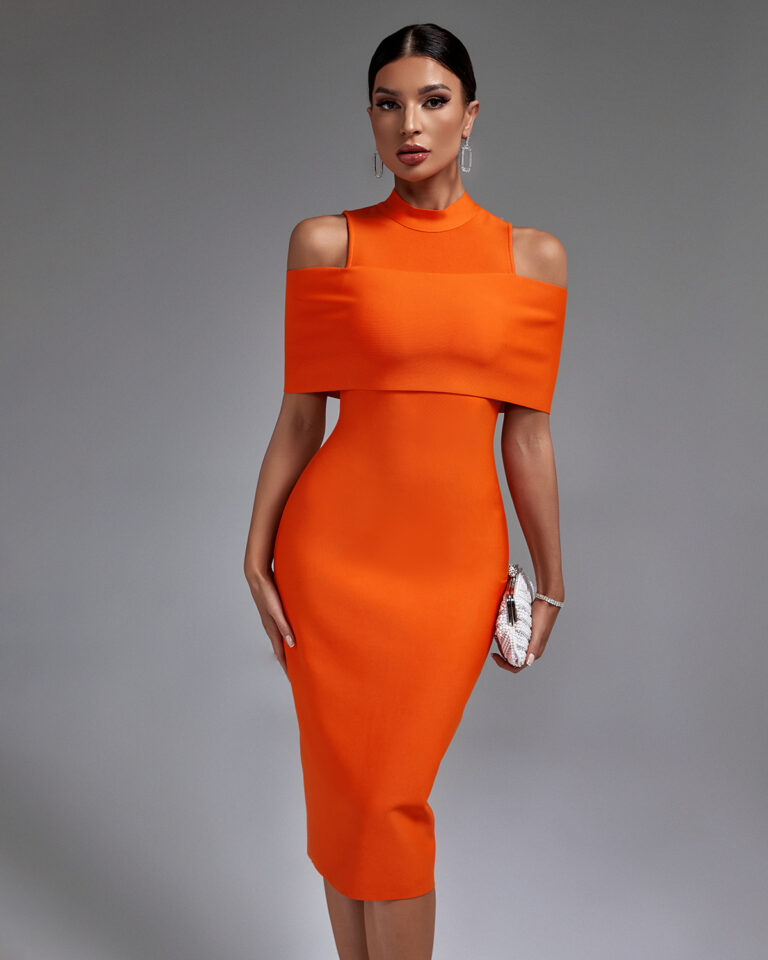 Elegant Orange Retro Bandage Midi Dress High End Dress