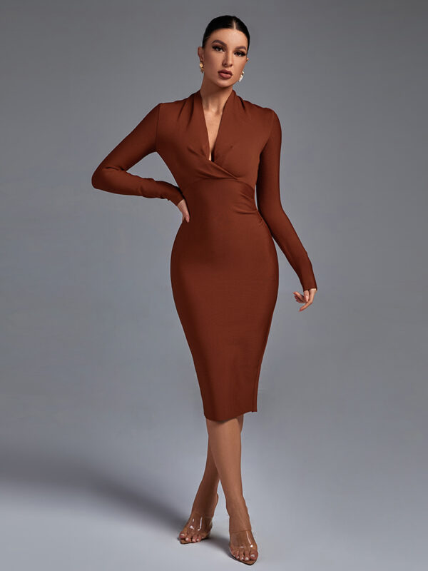 Women plunge neck long sleeve dress