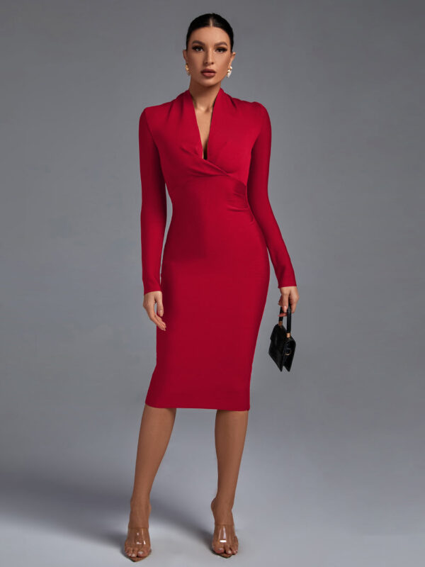 Women plunge neck long sleeve dress