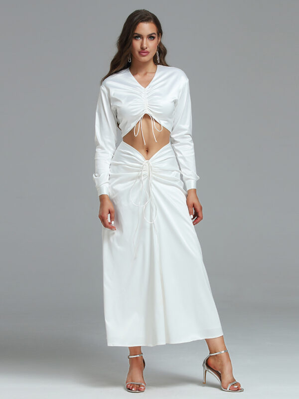 Quality Silky Ruched Front Maxi Dress White 2