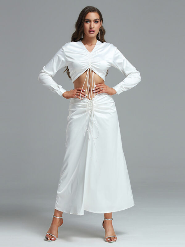 Quality Silky Ruched Front Maxi Dress White 5