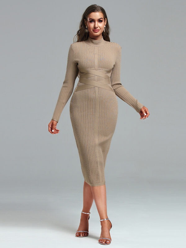 Robegirl Vintage Round Neck Bandage Dress Brown2