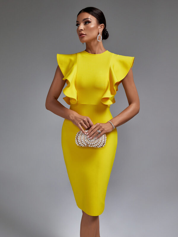 Sleek Round Neck Frill Bandage Dress Yellow 4