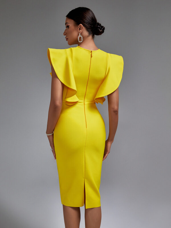 Sleek Round Neck Frill Bandage Dress Yellow 3