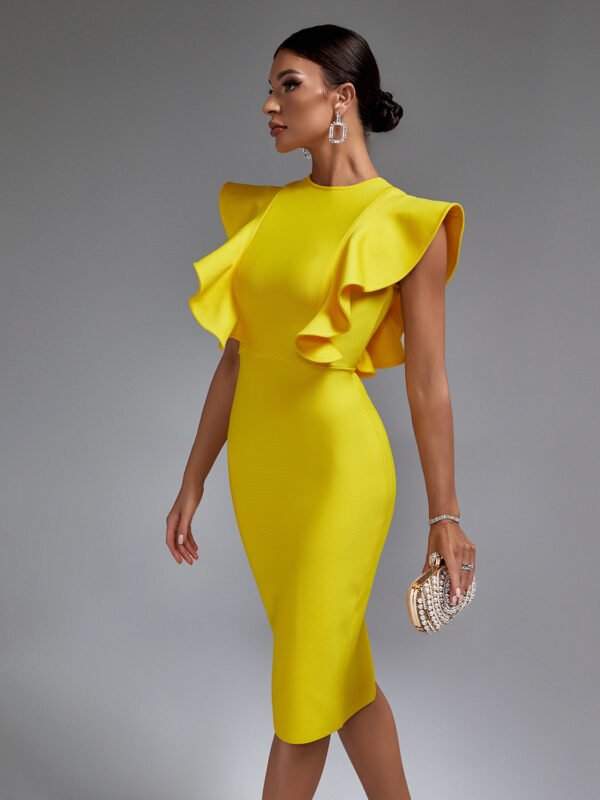 Sleek Round Neck Frill Bandage Dress Yellow 2