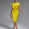 Sleek Round Neck Frill Bandage Dress Yellow 1