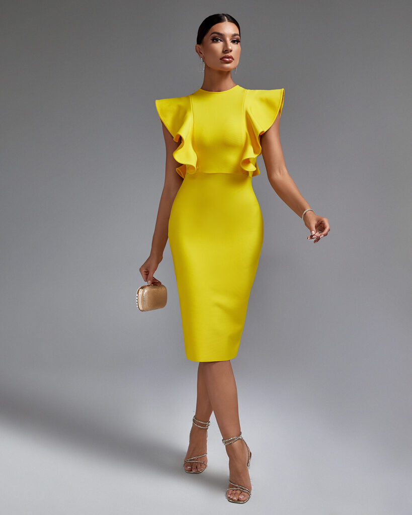 Sleek Round Neck Frill Bandage Dress Yellow 1