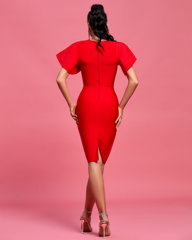 Round Neck Frill Sleeve Midi Dress Red 1