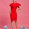 Round Neck Frill Sleeve Midi Dress Red 3