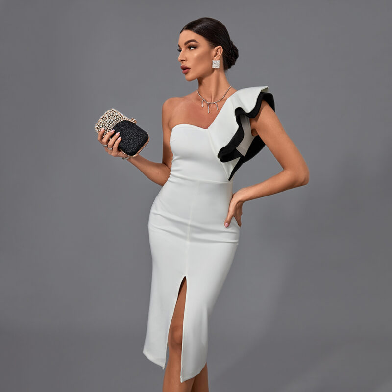 Sexy One Shoulder Double Ruffled Patchwork Midi Evening White Dress 2