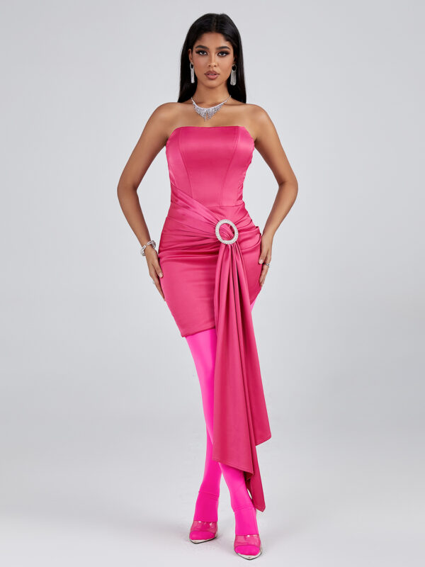 Simple Strapless Draped Corset Dress Rose Red 2