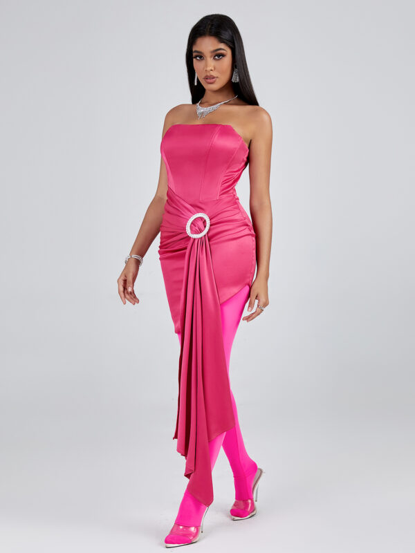 Simple Strapless Draped Corset Dress Rose Red 3