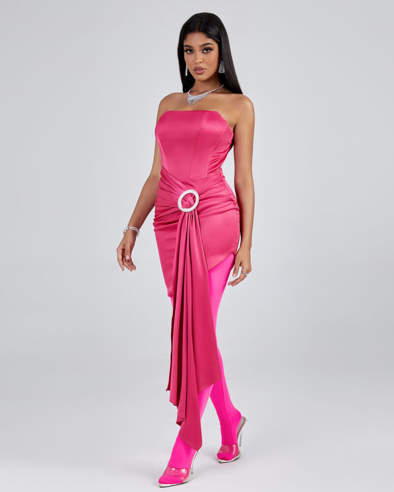 Simple Strapless Draped Corset Dress Rose Red 3