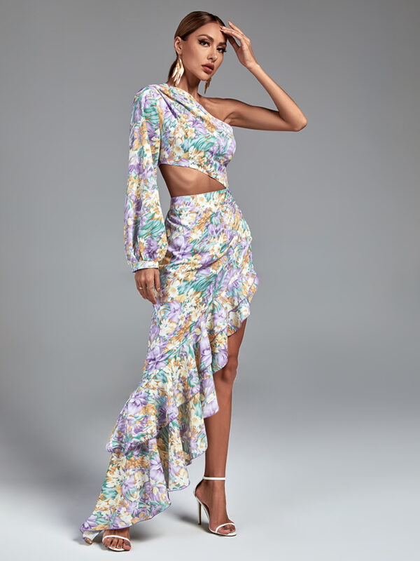 Single Sleeved Maxi Flower Dress Purple 3