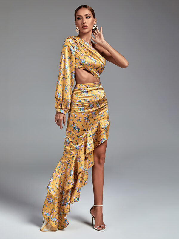 Single Sleeved Maxi Flower Dress Yellow 1