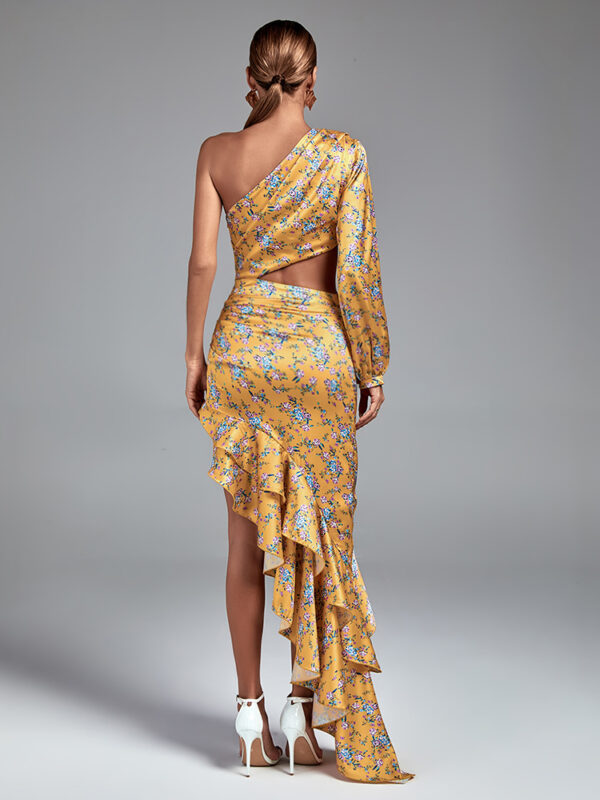 Single Sleeved Maxi Flower Dress Yellow 2