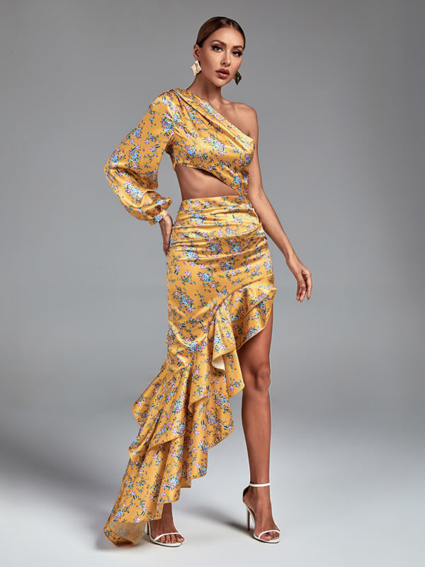 Single Sleeved Maxi Flower Dress Yellow 3