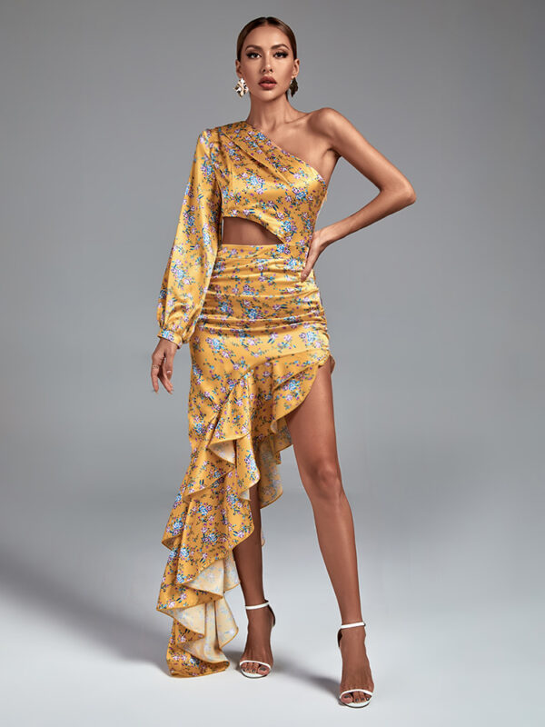 Single Sleeved Maxi Flower Dress Yellow 4