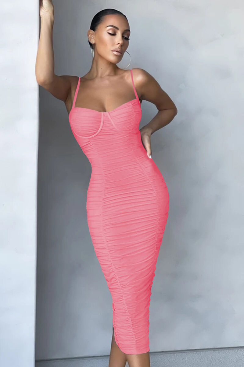 Sexy Spaghetti Strap Midi Bandage Dress Pink 2