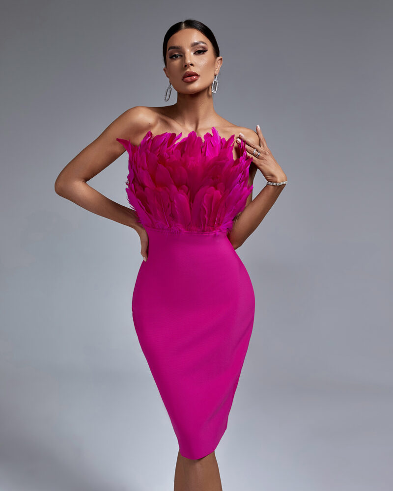 Statement Tube Top Feather Bandage Dress -shapeminow pink