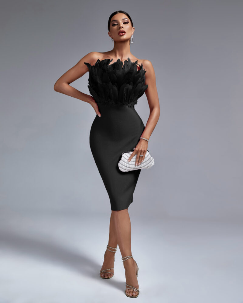 Statement Tube Top Feather Bandage Dress -shapeminow black collor