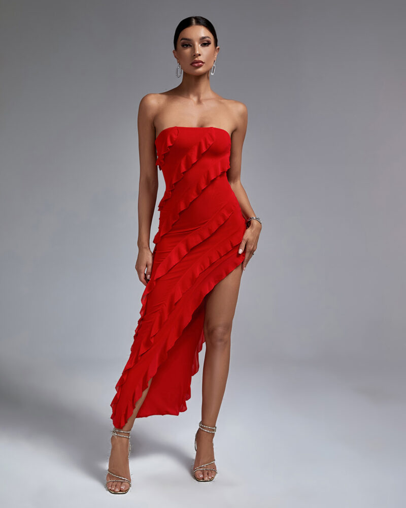 Strapless Red Ruffle Maxi Dress 1