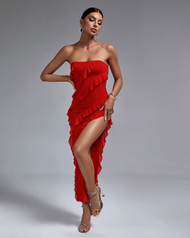 Strapless Red Ruffle Maxi Dress 2