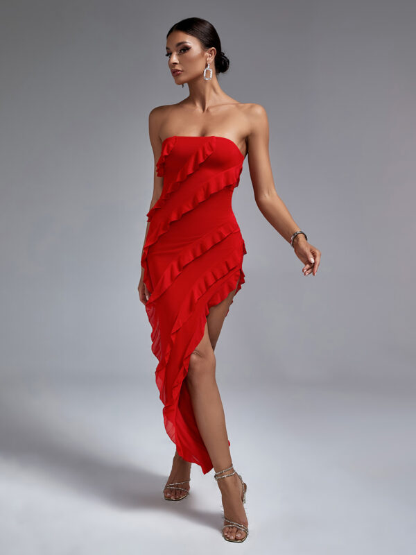 Strapless Red Ruffle Maxi Dress 3