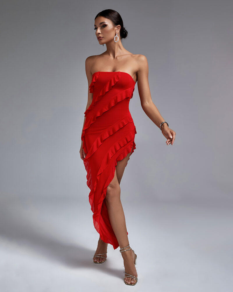Strapless Red Ruffle Maxi Dress 3