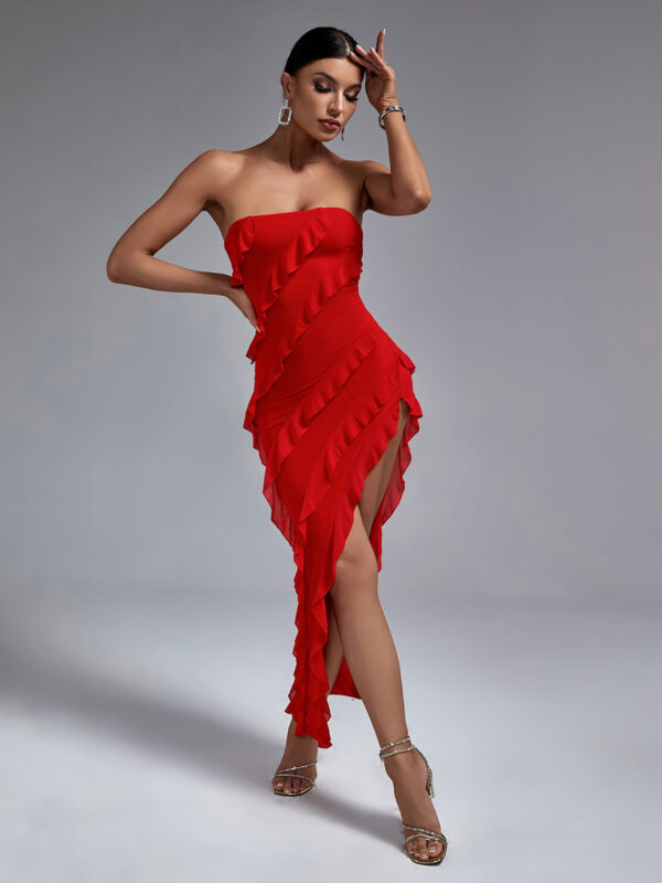 Strapless Red Ruffle Maxi Dress 4