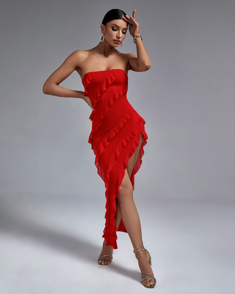 Strapless Red Ruffle Maxi Dress 4