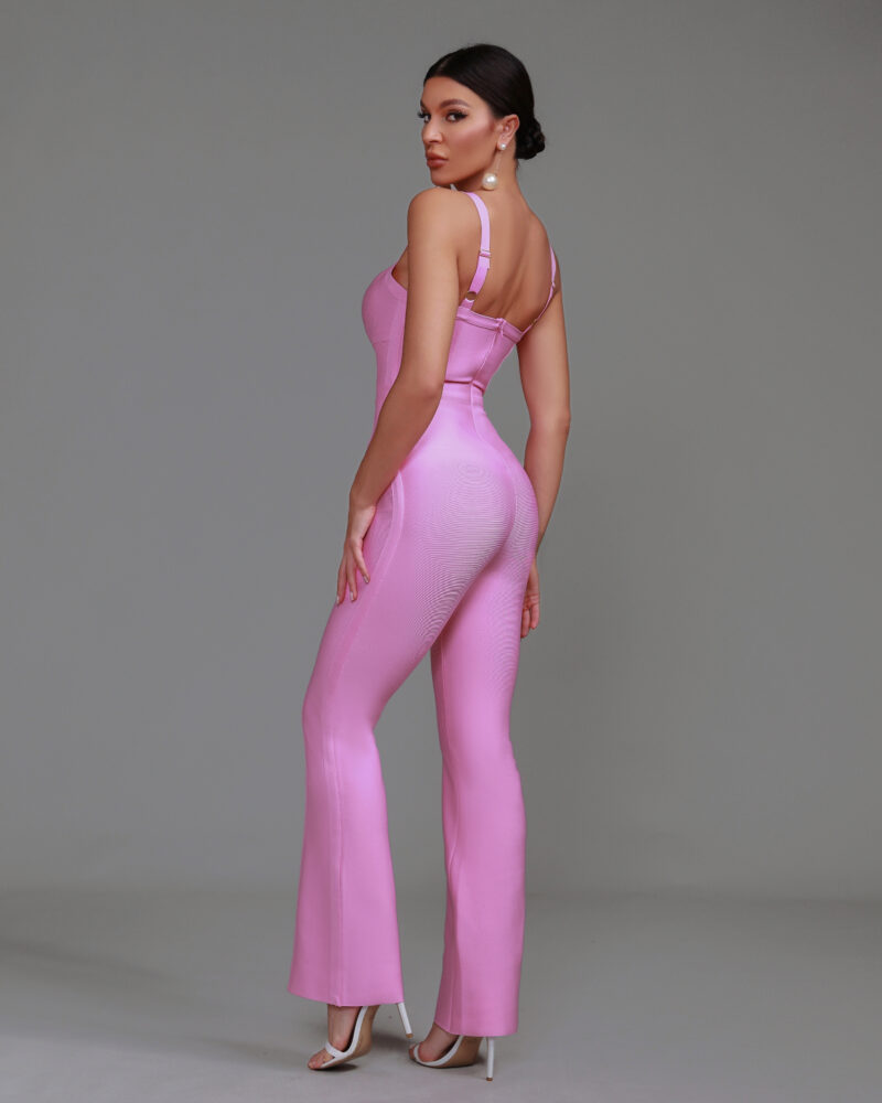 Elegant Stripe Women Bandage Jumpsuit Light Pink 2