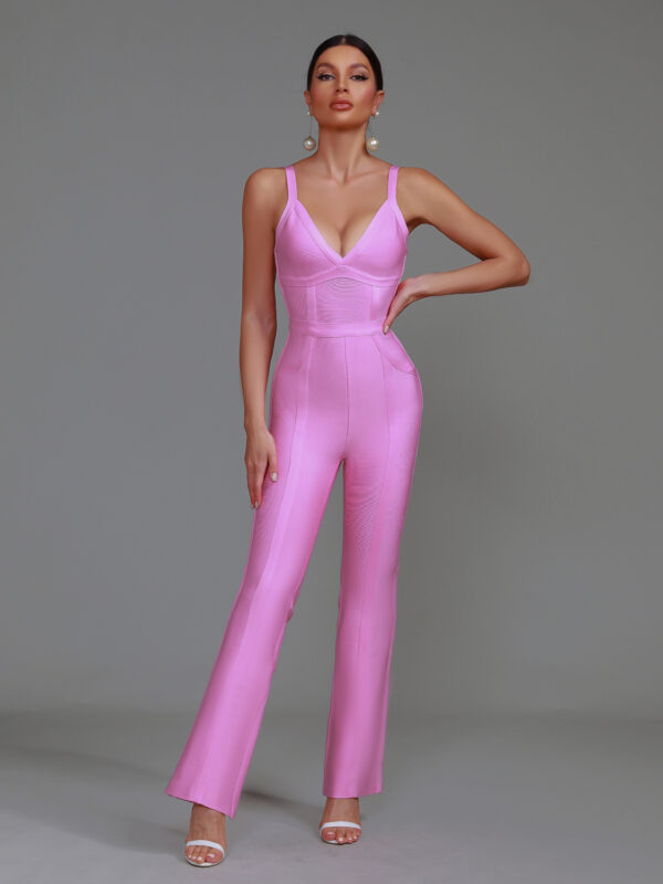 Elegant Stripe Women Bandage Jumpsuit Light Pink 4