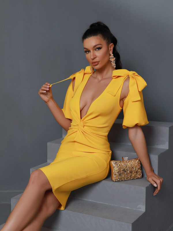Stylish V Neck Draped Bodycon Dress Gold 1